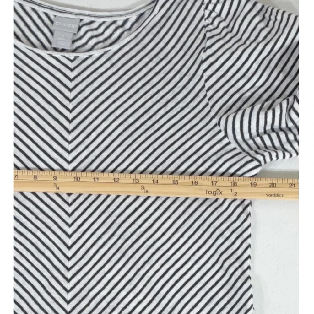 Chicos Blouse Size 2 or Large‎ Black White Stripe Puff Sleeve Frayed Fringe Hem